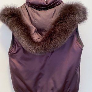 THEORY Mauve Down Vest w/ Detachable Fur Hood Med.